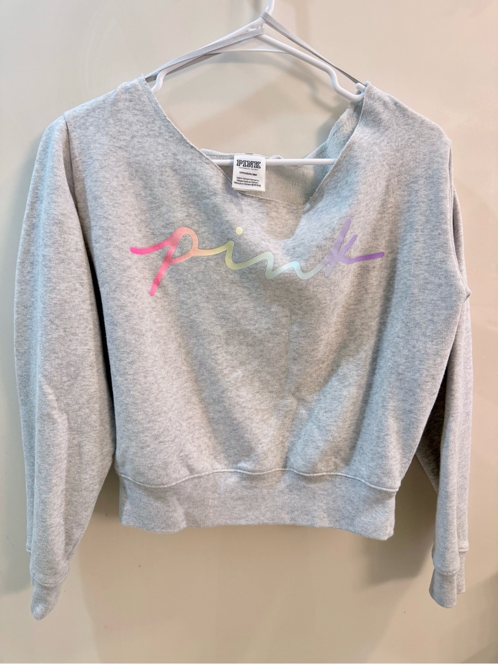 PINK Victoria's Secret Heather Gray Crewneck with Pastel Script